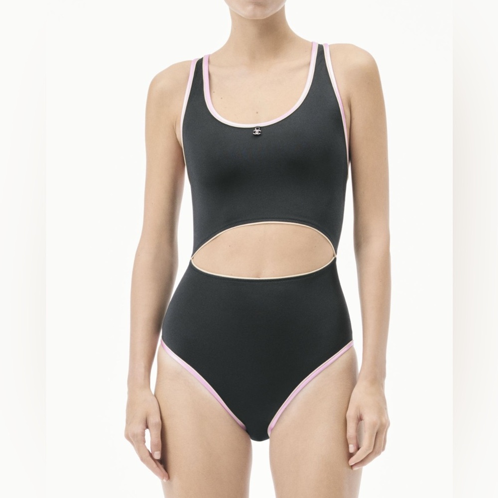 CHANEL Black One-Piece Swimsuit with Pink Trim